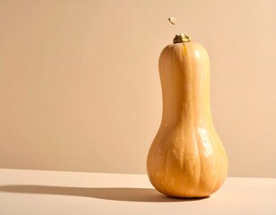 Butternut squash with a seed in the air, against a tan backdrop, bathed in warm light creating a gentle shadow