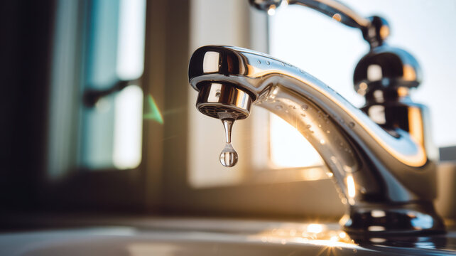 Shining faucet with a dripping droplet embodies conservation, purity, and the essence of clean water in a modern home, highlighting resource management
