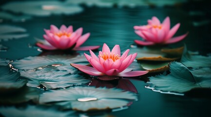 Beautiful Pink Water Lilies Blooming in a Serene Pond Surrounded by Green Leaves