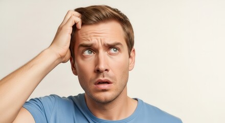 A young man with a worried expression scratching his head, looking upward. Ideal for themes of confusion, uncertainty, or decision-making.