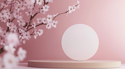 Decorative Setup With Cherry Blossom Branch and Circular Display Against Soft Pink Backdrop
