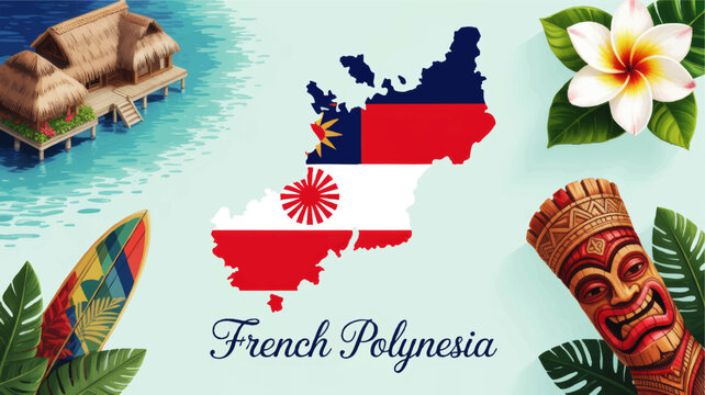 French Polynesia tropical travel illustration with lagoon bungalows, tiki mask, surfboard, plumeria flower and island map flag design