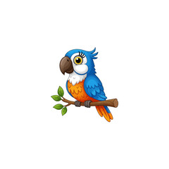Cute cartoon blue and orange parrot sitting on a branch.