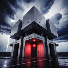 Futuristic brutalist cube tower in thunderstorm with red neon doorway, dramatic cyberpunk architecture at night in heavy rain