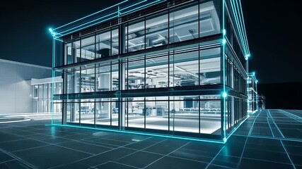 Futuristic office buildings with neon lines and digital floor grid animation - Powered by Adobe
