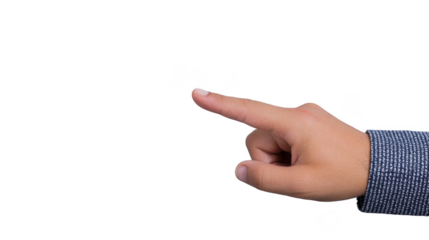 Hand pointing finger gesture, close up of adult male hand in blue checkered shirt, isolated on transparent background, concept of touch, selection, or direction