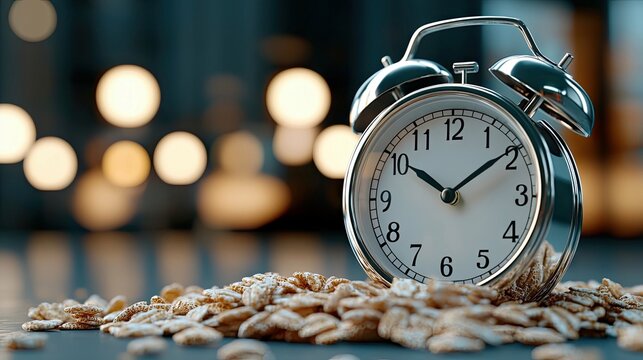 A close-up shot of a silver alarm clock resting on a pile of oats. The background features a blurred bokeh effect.