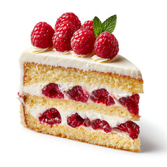 A slice of raspberries-and-cream cake with soft frosting, isolated on white background.