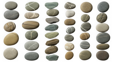 Collection of smooth rounded river stones isolated on transparent background