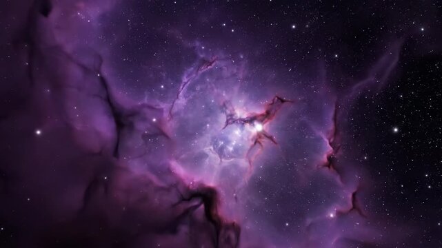 Slow moving cosmic gas and deep purple nebula cloud flowing silently across a vast black void space background concept, modern, dynamic