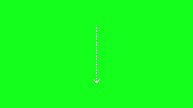 down arrow direction icon with dotted line animation on green background. dot arrows icon sign animated with alpha channel. white down straight arrows animation. 4k motion video animation.