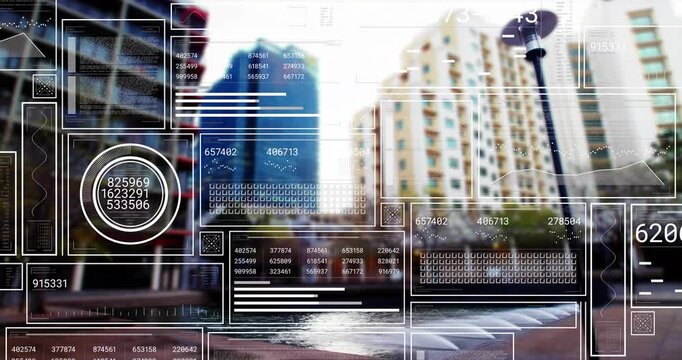 Waterfront plaza and fountain holding while HUD panels appearing after data ping updating values
