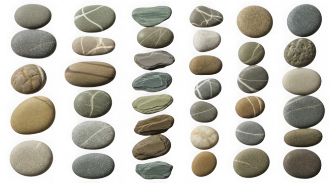Collection of smooth rounded river stones isolated on transparent background