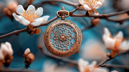 Close-up of an antique pocket watch hanging on a flowering branch with a soft focus background, evoking a sense of nostalgia and beauty.