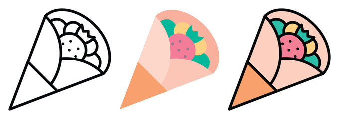 Fresh Shawarma Wrap Filled with Vegetables and Sauce Icon Set in Outline, Color & Flat Style