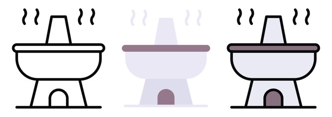 Traditional Food Warmer Pot with Heating Flame Icon Set in Outline, Color & Flat Style