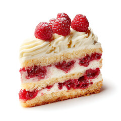 A slice of raspberries-and-cream cake with soft frosting, isolated on white background.