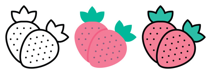 Strawberry Fruit Icon Set in Outline, Color & Flat Style