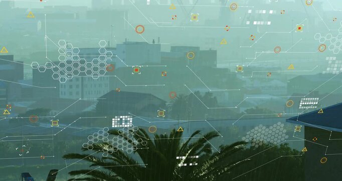 Haze lifting, soft HUD overlay appearing and drifting, nodes mapping data across palm tree skyline