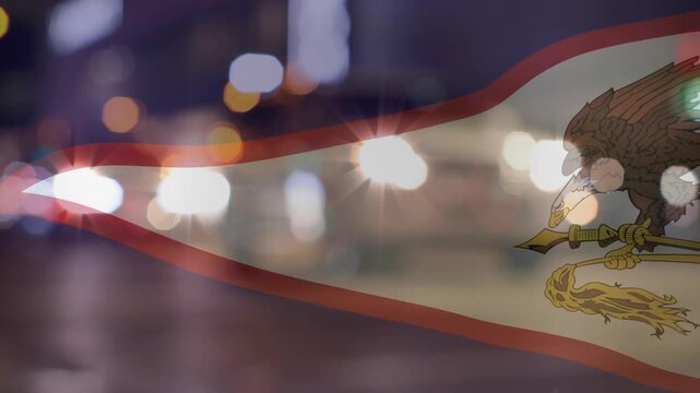 Headlight flares shifting, triangular flag waving in frame, eagle crest revealing to show emblem