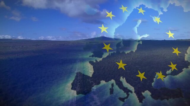 Sweeping aerial view starting Europe map fading in, EU stars circling pulsing, rays lighting coast