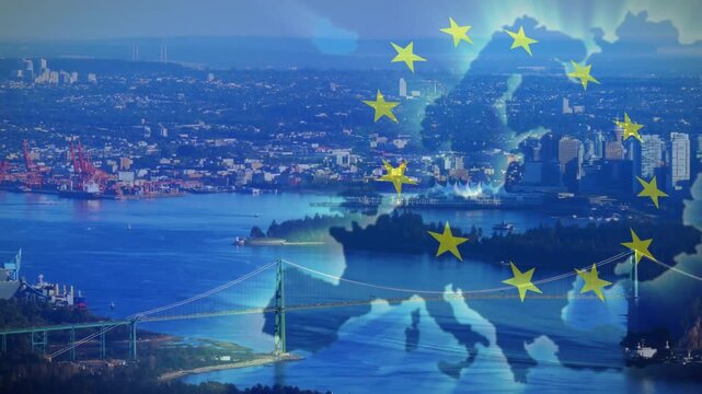 On fade-in, blue Europe map appearing over harbor, stars rotating, pulsing, showing trade link