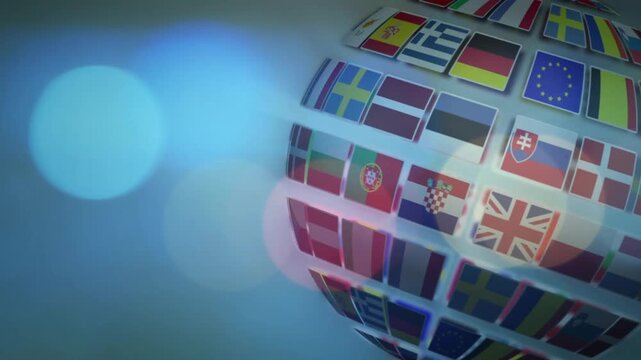 On playback spherical flag mosaic rotating and tilting, revealing new national flags for broadcast