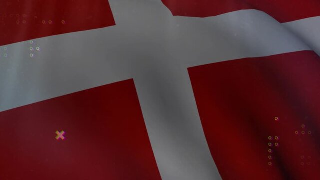 Soft wind starting red flag white Danish cross waving, camera panning, icons animating for display