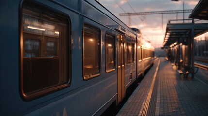 Fototapeta premium A sleek railway train stands at the platform, basking in warm golden sunlight during sunset. Soft bokeh lights create an inviting atmosphere as the train awaits departure