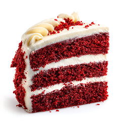 A slice of red velvet cake with cream cheese frosting, isolated on white background.