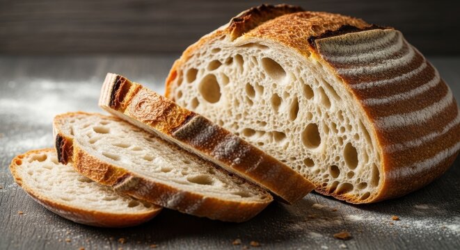 Rustic Sourdough Bread Slices on Dark Surface