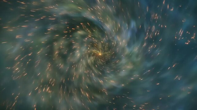 Abstract teal and green nebula with swirling center and scattered light particles effect motion