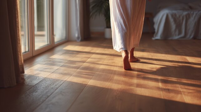 Close-up of bare feet walking on a heated floor in a cozy apartment. Concept of home heating, winter comfort, warm flooring, and modern interior technology