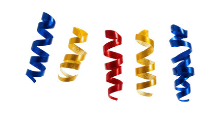 Blue ribbon yellow ribbon red ribbon curly party decoration isolated on transparent background festive celebration cheerful colorful shiny vibrant