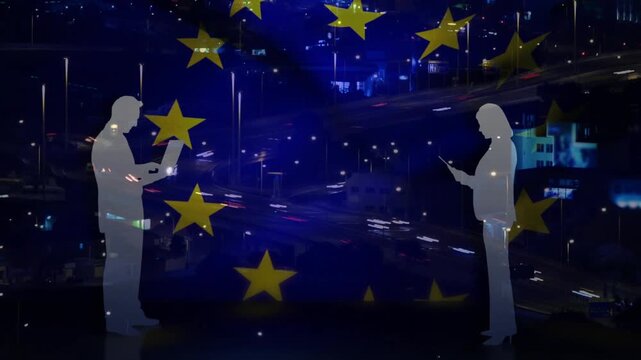 Car trails sweeping causing stars shifting, duo with laptop phone linking for work under EU stars - Powered by Adobe