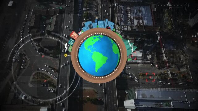Radar ping starting globe in ring, city icons forming rings pulsing, globe shrinking showing road