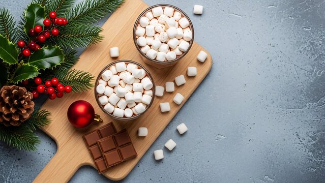 Overhead view cups hot chocolate marshmallows on wooden board next to holiday ornaments for cozy celebration in the winter time