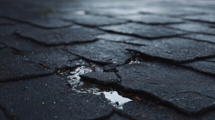 Obraz premium Raindrops fall over cracked asphalt shingles, creating a wet texture. Leak roof. The shallow depth of field highlights the damage on the roof, emphasizing the pooling water