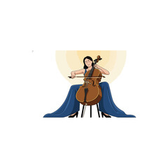 Woman playing cello with elegant blue fabric.