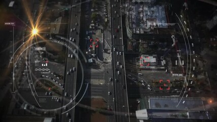 Sensor ping starting HUD drone scanning main road, rings spinning boxes locking for traffic data - Powered by Adobe