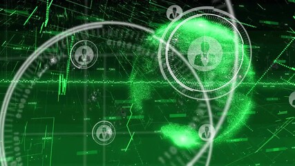 Waveform pulsing, green globe and lead avatar sharpening, orbiting, linking users, showing network