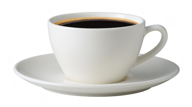 White ceramic cup, filled with hot black coffee, sits on matching saucer, isolated on transparency background, evoking calm and inviting morning atmosphere
