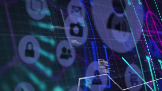 Cyan bar sweeping grid view shifting right avatars centering icons pulsing showing lock mail data