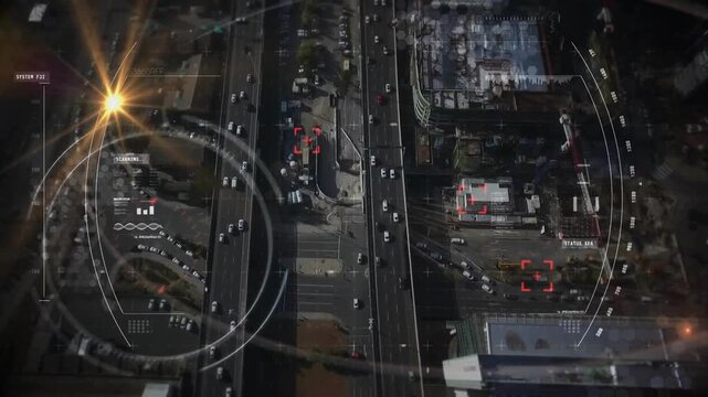 Sensor ping starting HUD drone scanning main road, rings spinning boxes locking for traffic data