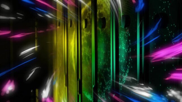 Edge streaks starting motion, brush strokes sweeping past center slat panels, highlighting planet