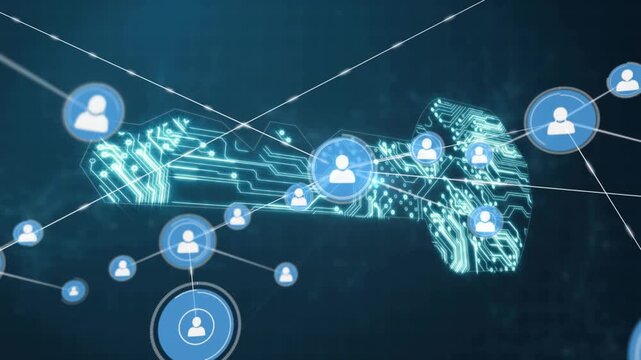 Blue pulsing token driving glowing circuit key appearing tokens moving linking forming user links