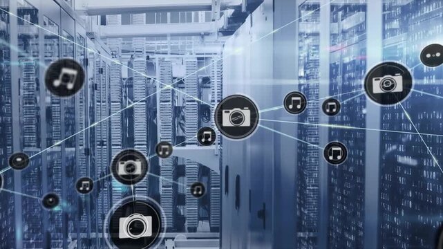 Single camera icon appearing, media icons spreading and connecting, showing data flow along racks