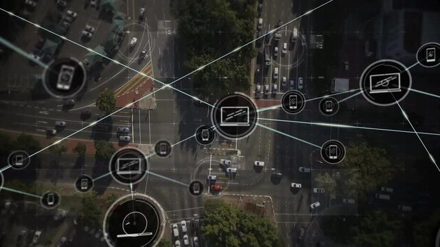 HUD circle appearing over roundabout, nodes radiating, multiplying, connecting, showing device mesh