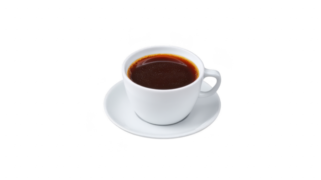 White cup filled with hot black coffee on matching saucer, isolated on transparency background, minimal style, morning beverage, caffeine boost, simple and inviting