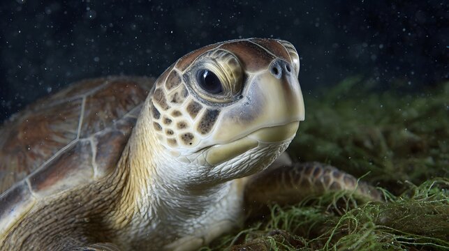 Close up portrait of a serene green sea turtle in its natural underwater habitat with seaweed